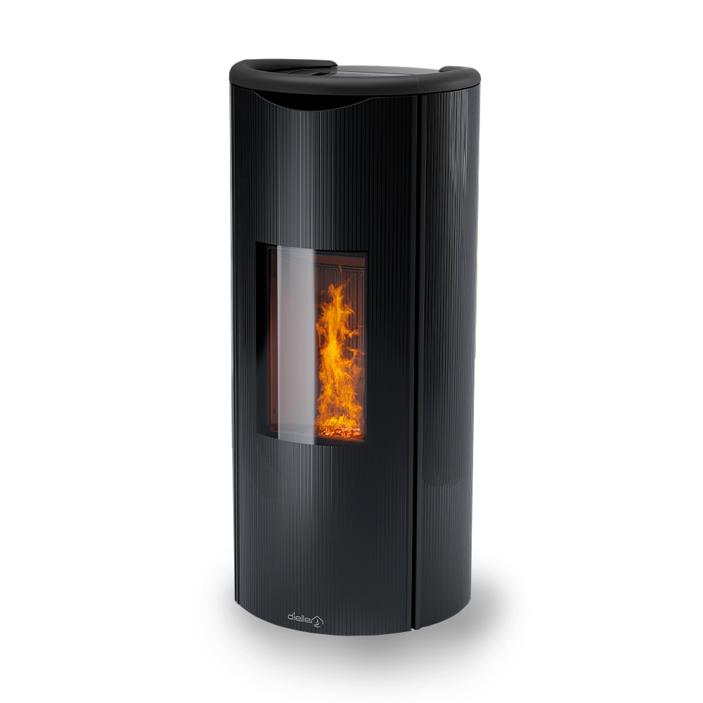 Black cylindrical wood-burning stove with a glass front showing orange flames inside a modern home appliance.