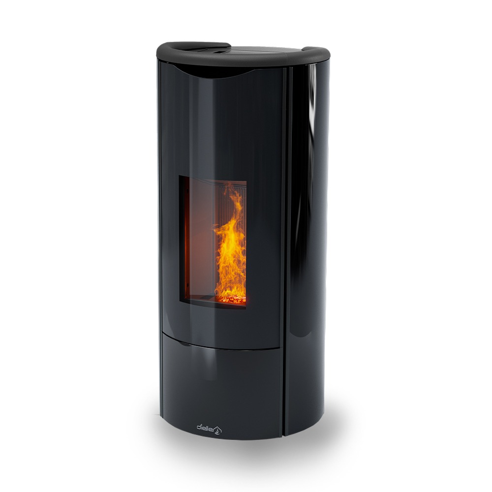 Black freestanding pellet stove with a glass door showing orange flames inside