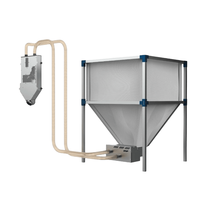 Industrial hopper feeder system with a rectangular wire-frame frame and a funnel-shaped bin connected to a control box via a flexible tube for material discharge.