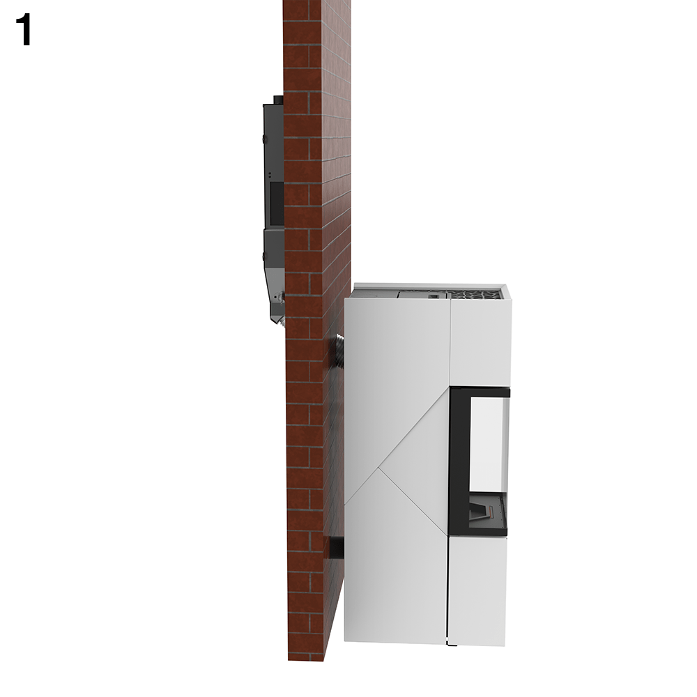 Side view of a large white outdoor HVAC/equipment cabinet mounted to a brick wall.