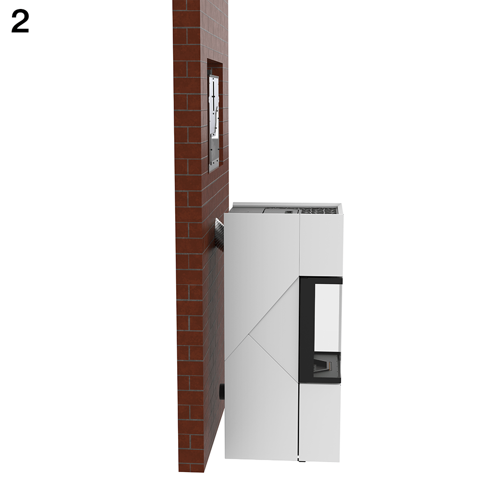 Side view of a tall white built-in kitchen appliance mounted to a red brick wall, with a small vent opening on the wall beside it.