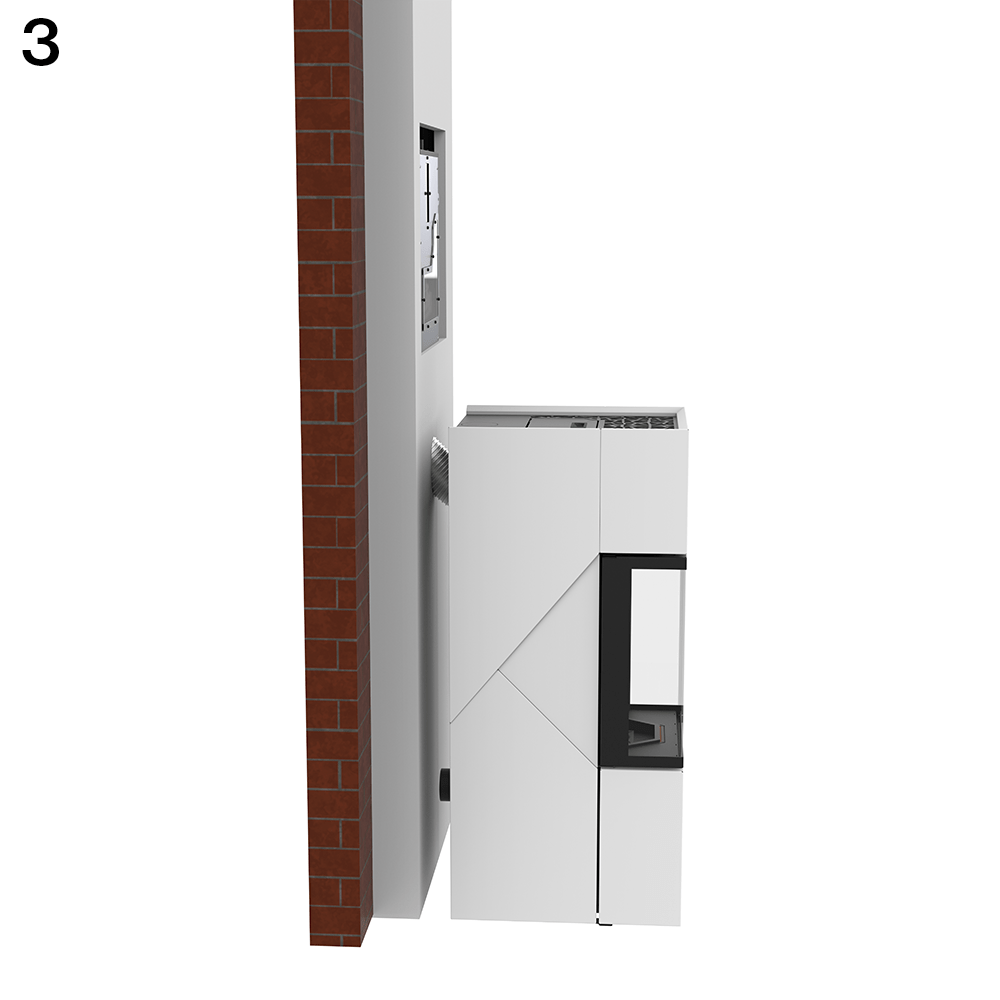 Side view of a white modular machine attached to a gray wall beside a brick column, featuring a black-framed window/door and a small vent.