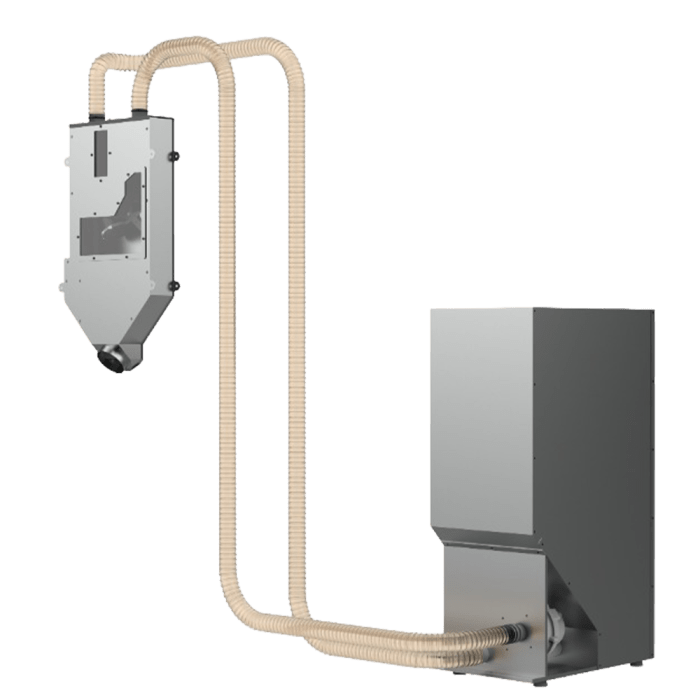 Industrial dust collection system with two flexible ducts connecting a wall-mounted filtration unit to a freestanding blower/collector.