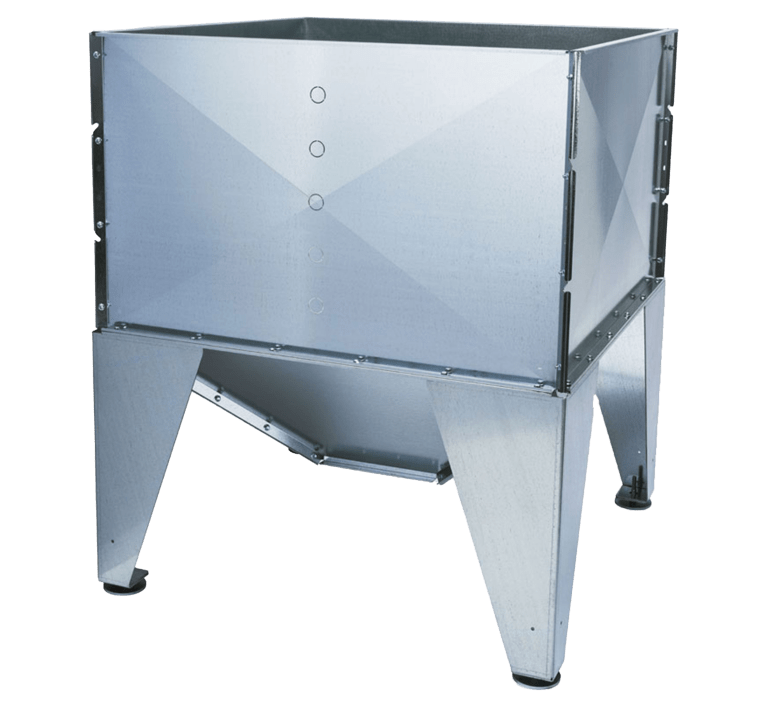 Industrial metal hopper on four angled legs with a rectangular upper bin and a bottom discharge chute, used to funnel bulk materials.