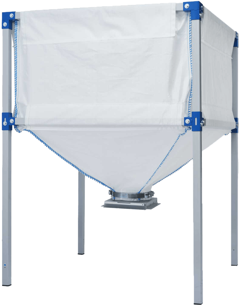 Industrial white fabric hopper on a metal frame with a conical bottom and discharge chute