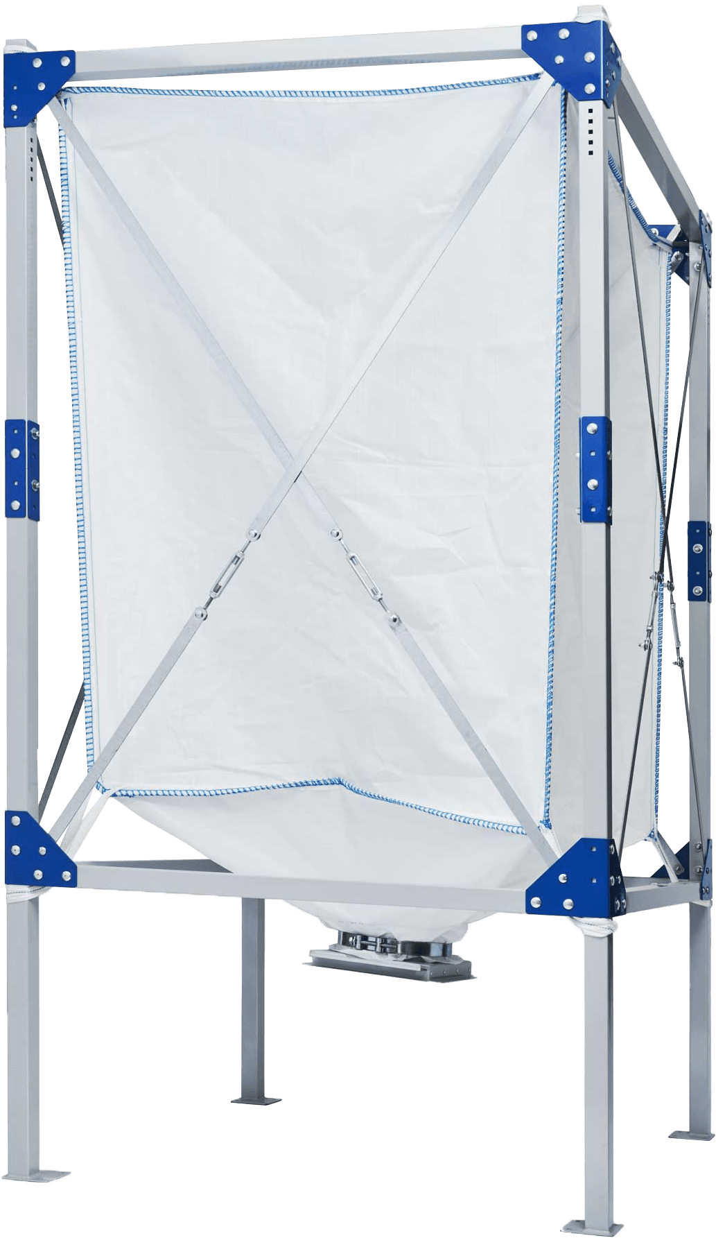Industrial fabric filter housing with a white filter bag inside a metal frame and blue corner brackets, used for dust collection.
