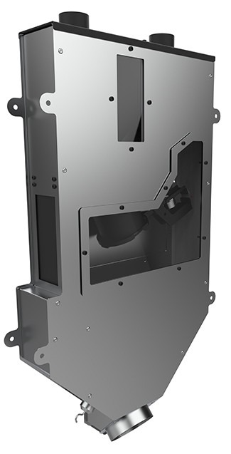 Industrial metal enclosure with a rectangular viewing window and visible internal components, bolted panels and side mounting lugs.
