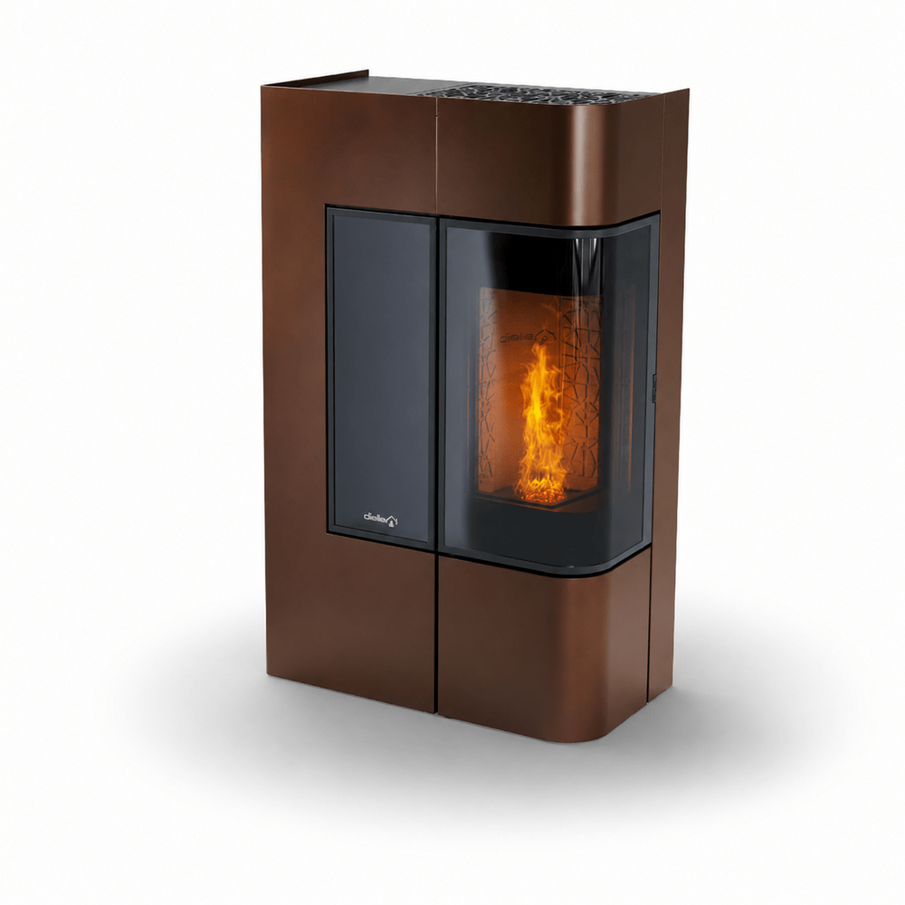 Brown modern freestanding stove with a glass viewing door and visible flames inside the firebox.